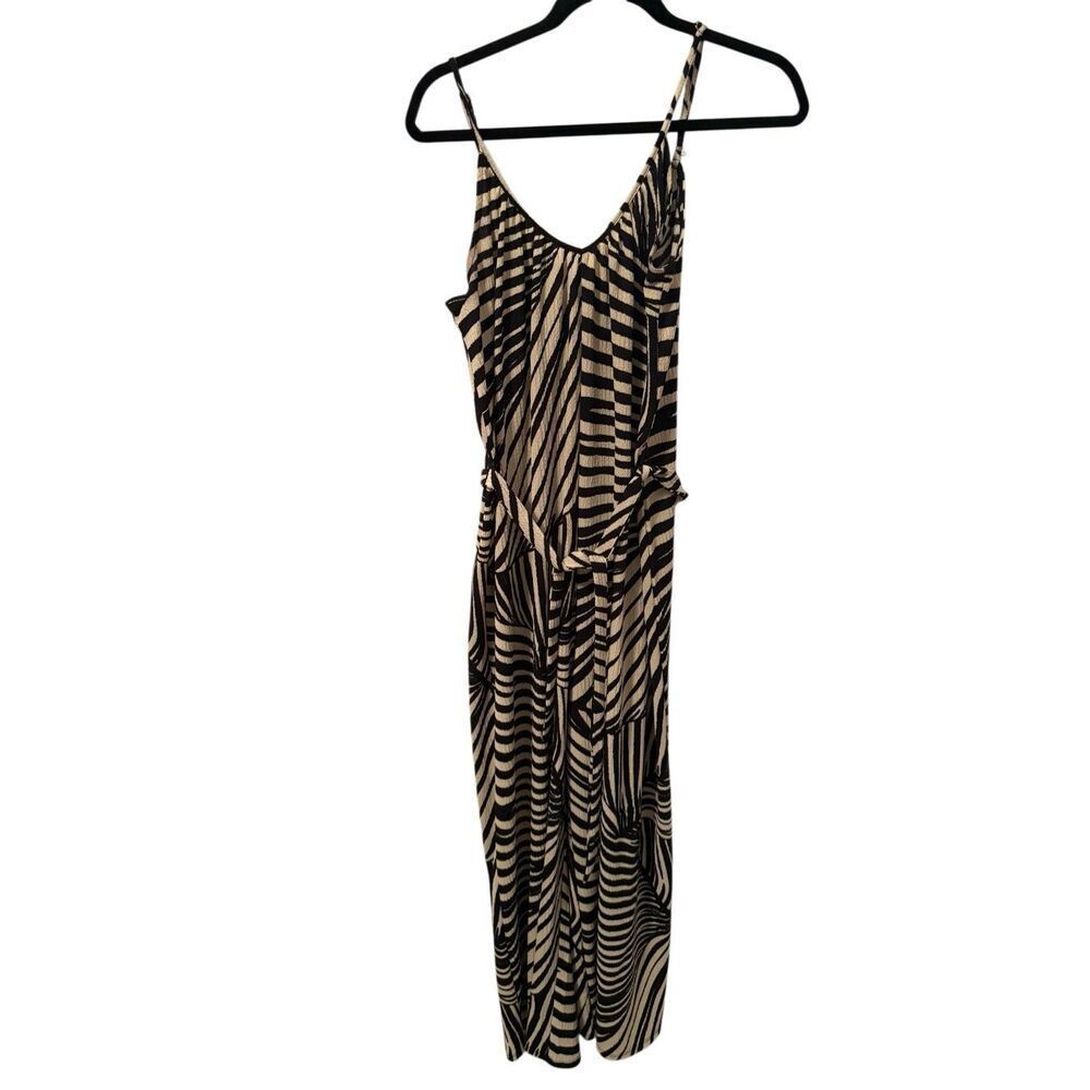 H&M zebra leaf jumpsuit sz Large black/tan sleeveless wide leg - Picture 4 of 6